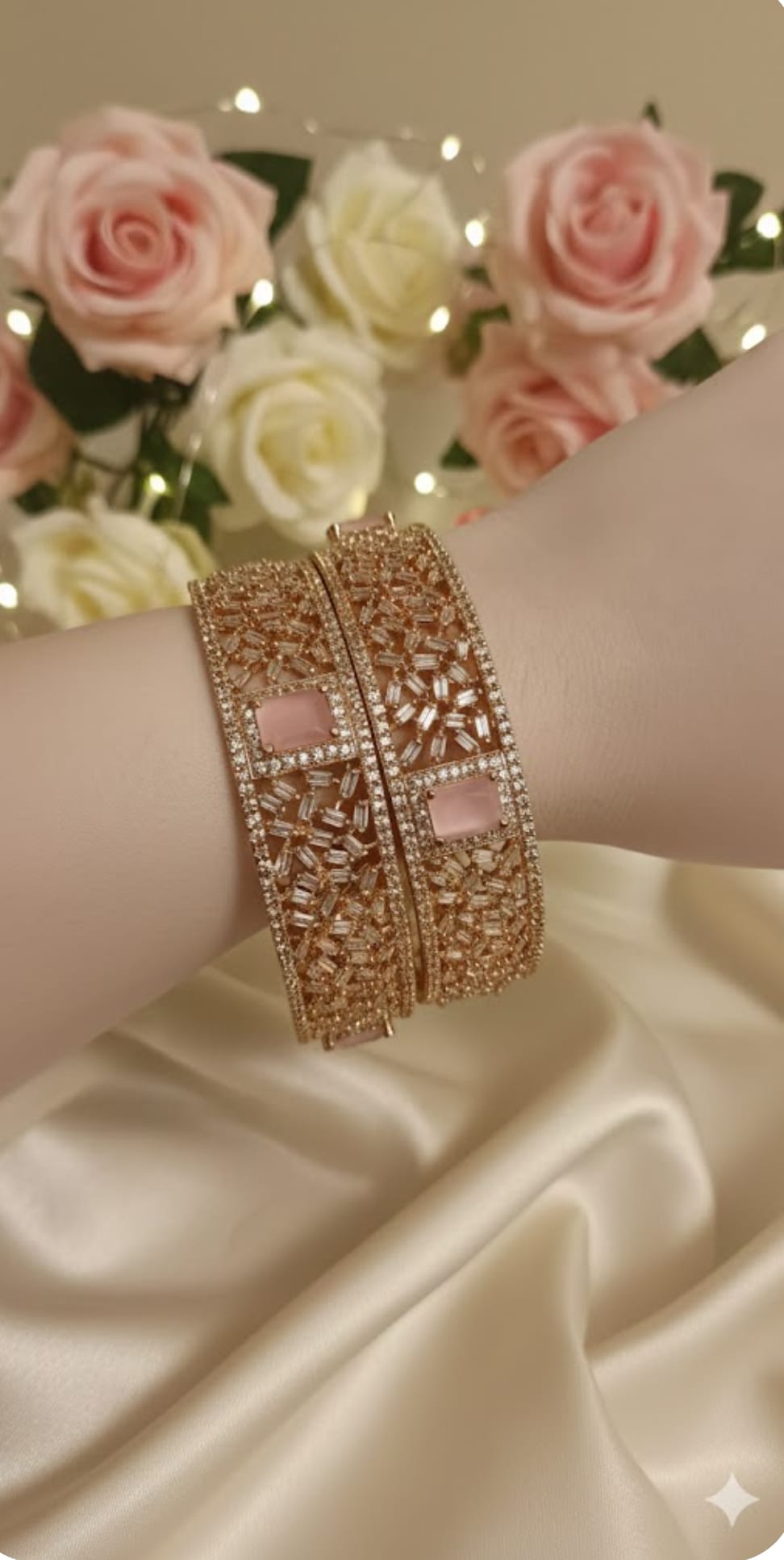 Exquisite Floral Filigree & Emerald-Cut, American diamond  Kada Bangles set of 2pcs Code: AD3)
